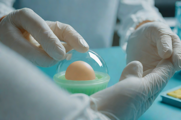 Scientist holding a 3D-printed silicone artificial egg in a biotechnology lab — the kind of synthetic incubator Colossal Biosciences developed to hatch chickens and eventually de-extinct birds like the dodo and moa