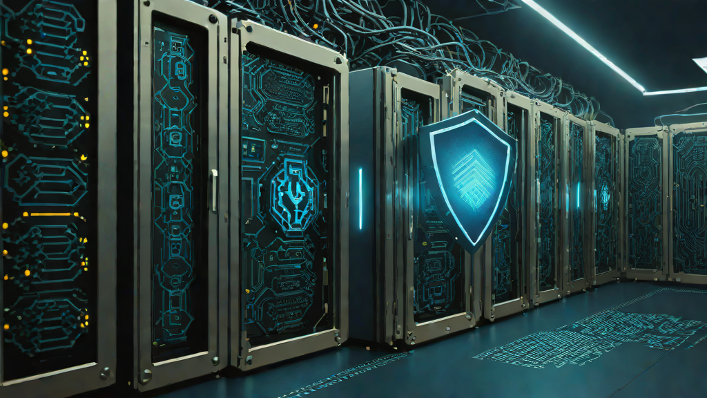 Glowing shield over a server rack with patch beams sealing a fractured chip