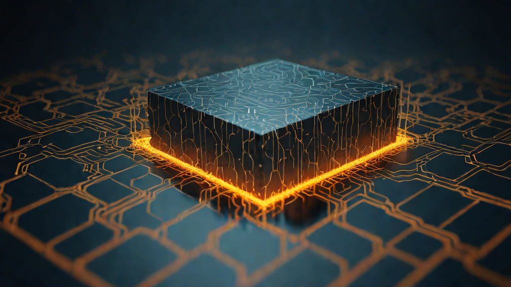 Translucent isolated sandbox cube glowing in a dark server room with warning lines around it