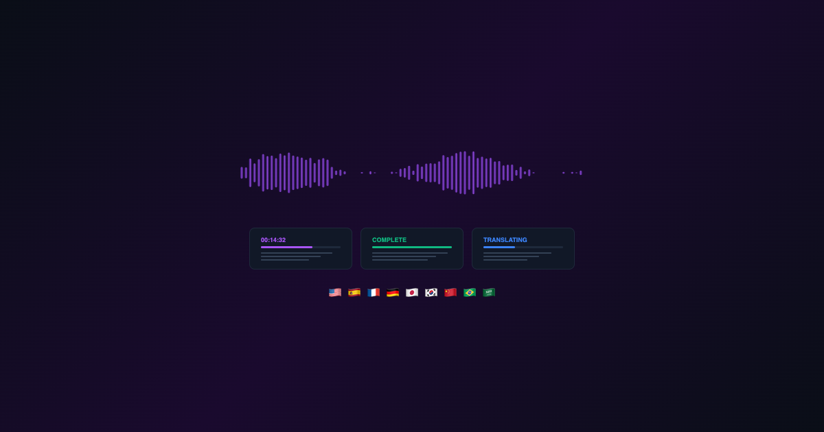 Audio waveform visualization with transcript preview cards and translation flags