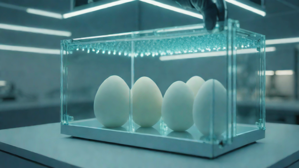 Translucent 3D-printed artificial egg incubator with developing embryo inside, used by Colossal Biosciences for dodo and moa de-extinction