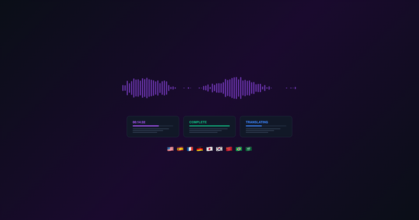Audio waveform visualization with transcript preview cards and translation flags