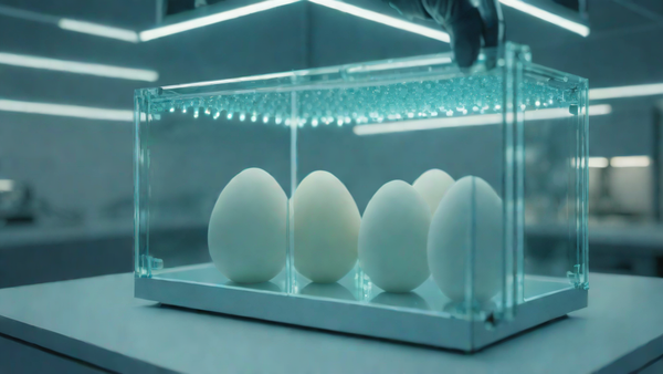 Translucent 3D-printed artificial egg incubator with developing embryo inside, used by Colossal Biosciences for dodo and moa de-extinction